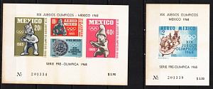 Мексика 1965, Олимпиада 1968 (I), 2 блока ,пятна на клею